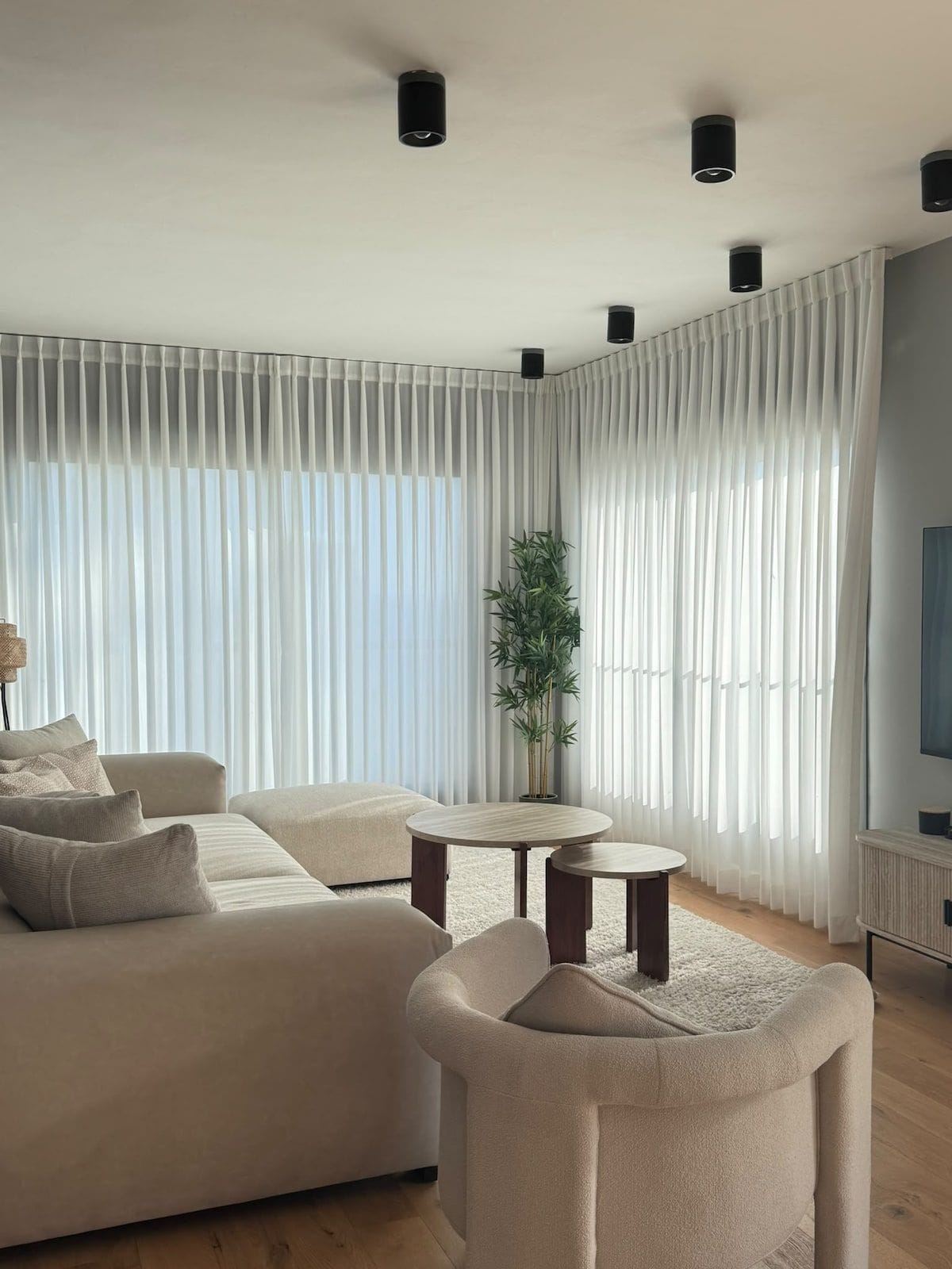 David HaMelech — Living room with a large sectional sofa and full-height curtains
